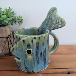 Pottery Drip Glaze Fish Mug Handmade Stamped